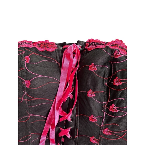 Cacique Strapless Lace Up Corset Black Pink Embroidered 18 20 Fairy Whimsy Fem - Picture 4 of 7